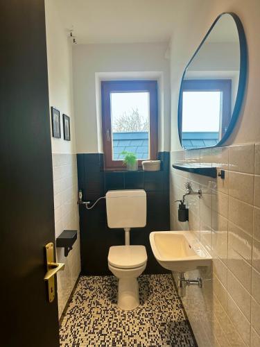 a bathroom with a toilet and a sink and a window at Apartment 22 in Schlins