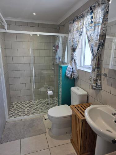 a bathroom with a shower and a toilet and a sink at Alvera in Strand