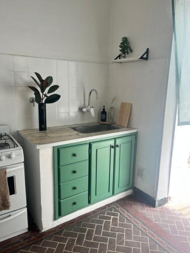 Una cocina con gabinetes verdes y un fregadero. en Departamento a media cuadra de la plaza principal, en Tandil