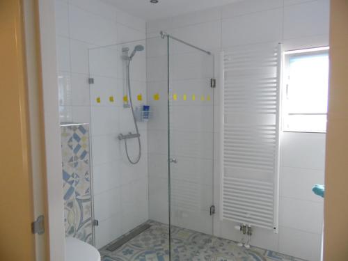 a shower with a glass door in a bathroom at Cozy Bed and Breakfast in Elst