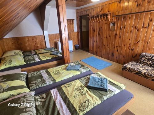 a room with two beds and a chair in it at Horská CHATA U ŠPIČÁKU in Josefuv dul