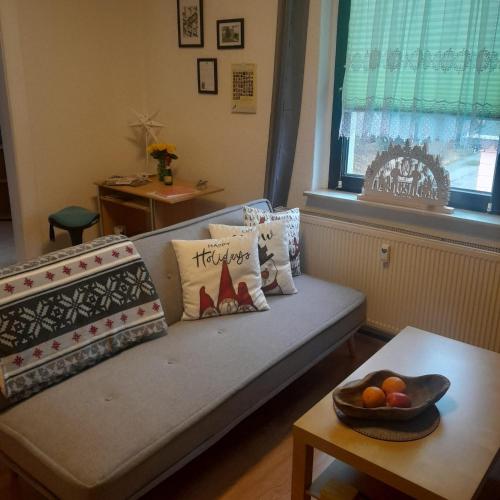 a couch with pillows and a bowl of fruit on a table at Taurasteinblick in Burgstaedt