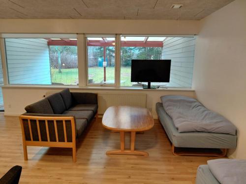 een woonkamer met een bank en een tv bij Apartment in green area in Grindsted