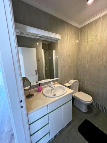 a bathroom with a sink and a toilet and a mirror at Naval Beach Apartment in Azurara