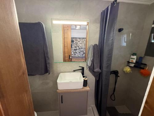 un bagno con lavandino, specchio e doccia di Stone house seta a Séta