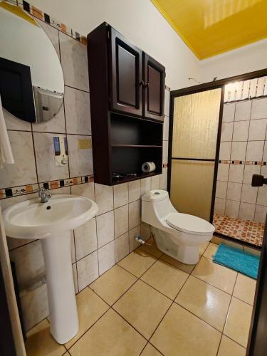 a bathroom with a sink and a toilet at Butterfly Apartments La Fortuna in Fortuna