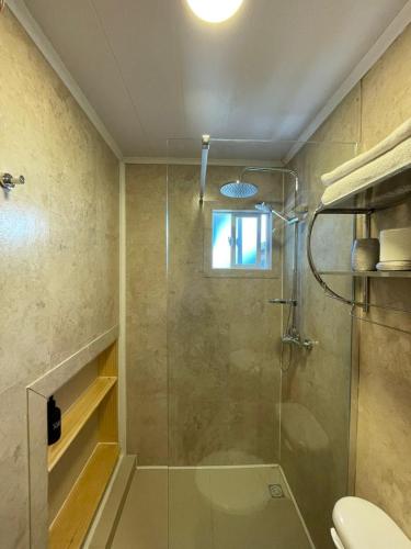 a bathroom with a glass shower with a toilet at Departamento interior in Puerto Montt