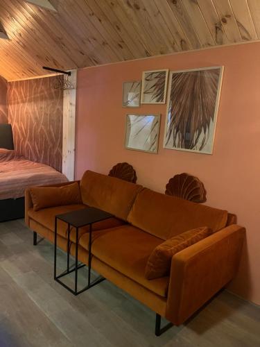 a living room with a couch and a bed at Het Houten Huis in Hierden