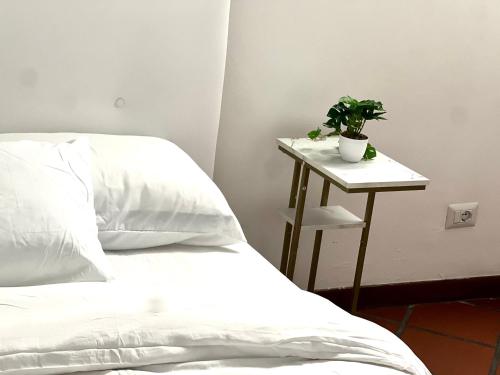 een bed met een tafel met een potplant erop bij My Home in Milaan