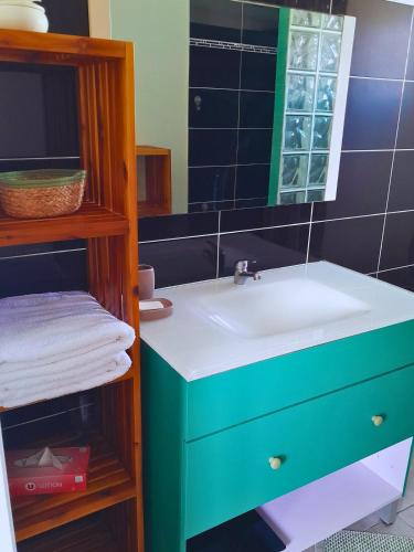 a bathroom with a blue and green sink and a shelf at Villa La Kaz a Gwada in Port-Louis