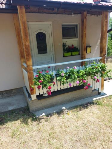 a house with flowers on a porch with a door at Stari dud Beserovina in Bajina Bašta