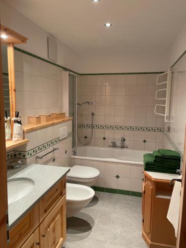 a bathroom with a toilet and a tub and a sink at 2,5 Zimmer Wohnung mit Bergblick in Engadin in Zuoz