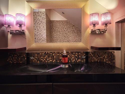 サン・ドニにあるDuplex T3 centre-villeの洗面台と大きな鏡のあるバスルーム