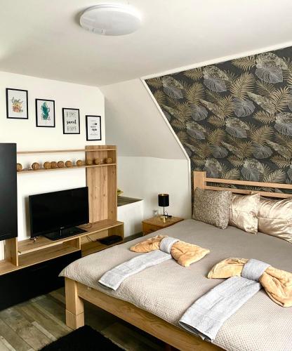 a bedroom with a large bed and a tv at Dunavski vidikovac in Čerević
