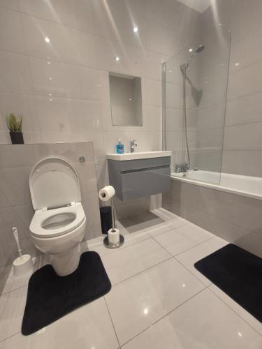 a bathroom with a toilet and a sink and a shower at 2Bed Ground Floor Apartment With Private Garden in London