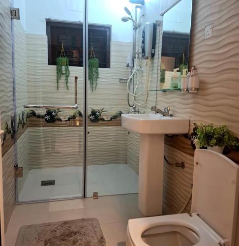 a bathroom with a shower and a toilet and a sink at Rumanga Residence in Angoda
