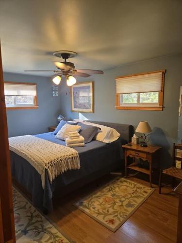 a bedroom with a bed and a ceiling fan at Against the Wind Vacation Rental LLC in Lake Leelanau