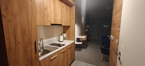 Kuchyň nebo kuchyňský kout v ubytování Apartament Czarna Góra Blue