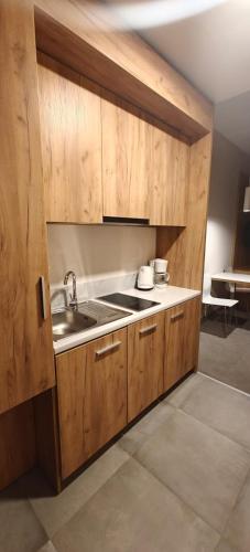a kitchen with wooden cabinets and a sink at Apartament Czarna Góra Blue in Sienna