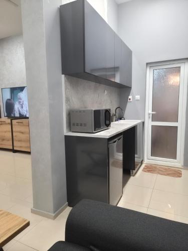 eine Küche mit einer Mikrowelle auf einer Theke in einem Raum in der Unterkunft Ново! New Studio PANDORA in Sliven