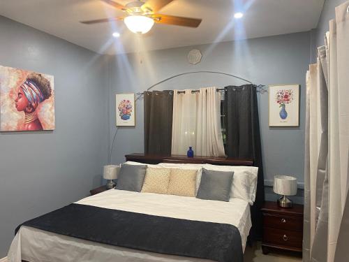 a bedroom with a bed and a ceiling fan at The Colosseum St Kitts in Basseterre