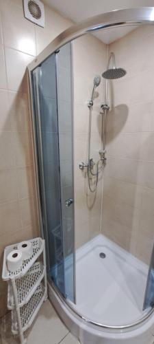科尔别卢夫Domek Na Stoku的浴室里带玻璃门的淋浴间