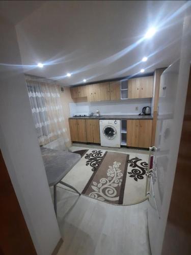 Home Centrum في كيشيناو: مطبخ صغير مزود بغسالة ومجفف ملابس