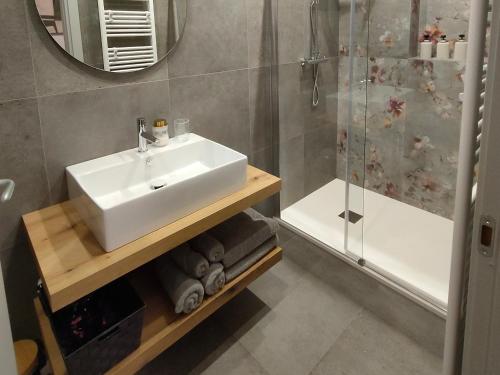 a bathroom with a sink and a shower at La Morra Apartments in La Morra