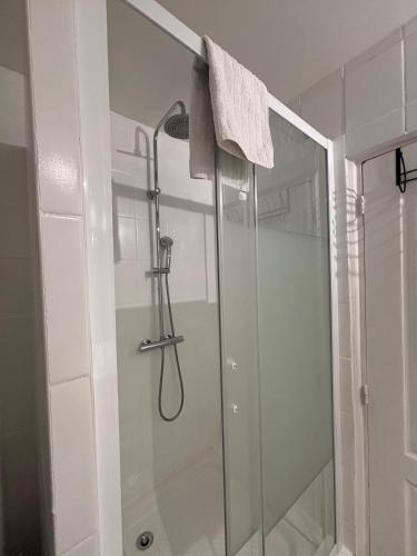 a shower with a glass door in a bathroom at Chez Mel et Garry in Villedaigne