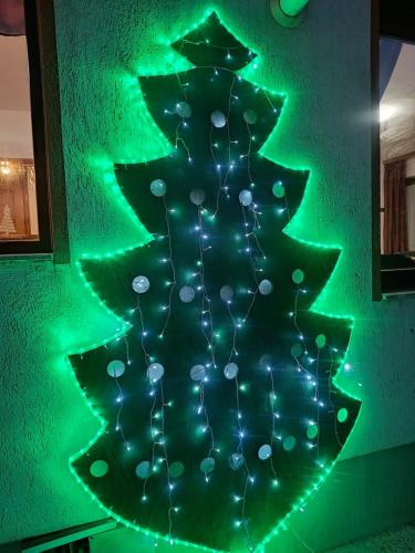 Un árbol de Navidad verde con luces en una pared. en Vila Decebal, en Râșnov