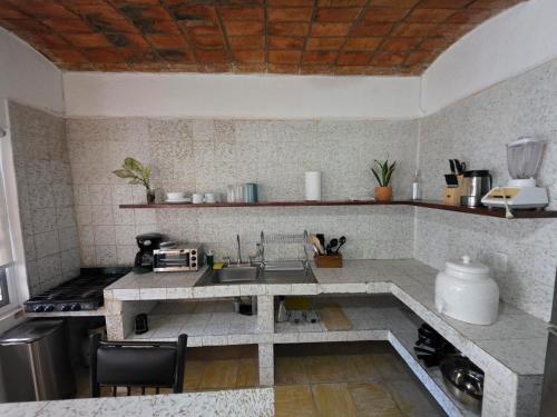 een keuken met een spoelbak en een aanrechtblad bij Tayau Bungalows B3 in Lo de Marcos