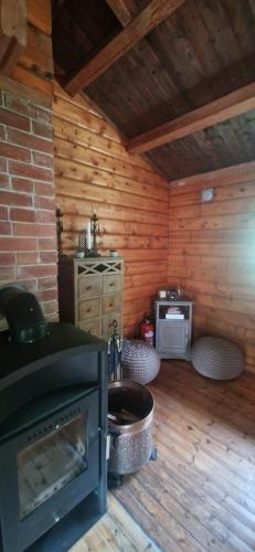 een woonkamer met een open haard in een blokhut bij Harestua 