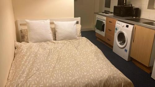 ein Schlafzimmer mit einem Bett und einer Waschmaschine in der Unterkunft Charming Garden Guest House in Hayes & Harlington in Hayes