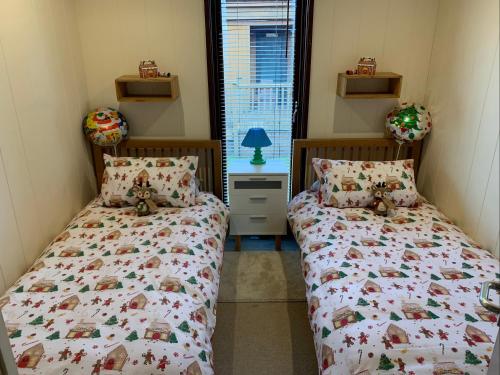 Skye Lodge في تينابرويك: سريرين توأم في غرفة نوم مع نافذة