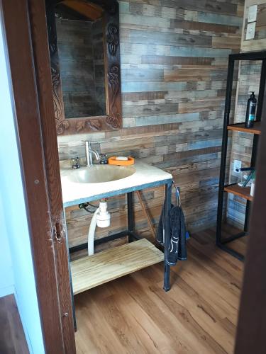 a bathroom with a sink and a wooden wall at Runa, Marcos de los Reyes villa serrana in Minas