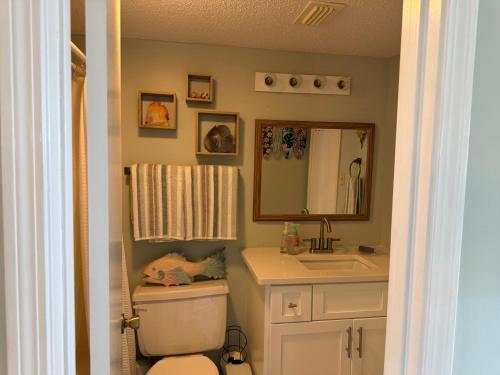 a bathroom with a toilet and a sink and a mirror at Latitude 302 in Orange Beach