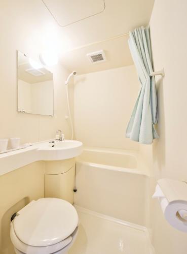 a white bathroom with a toilet and a sink at カナリアンホテル in Tateshina