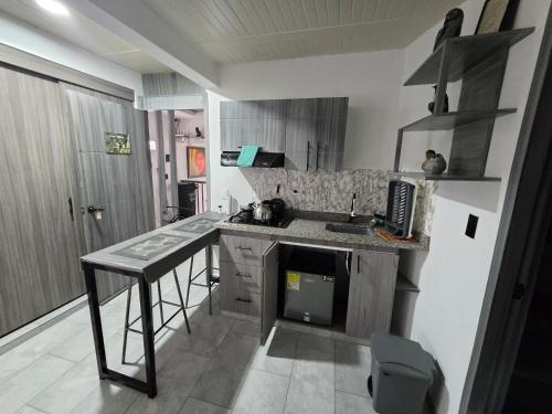 een kleine keuken met een aanrecht en een wastafel bij Pipe's House in Salento