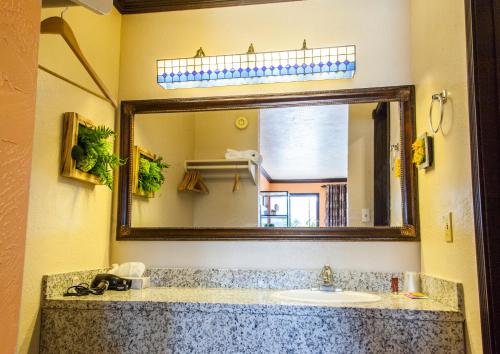 baño con lavabo y espejo grande en Mountain View Lodge, en Parowan