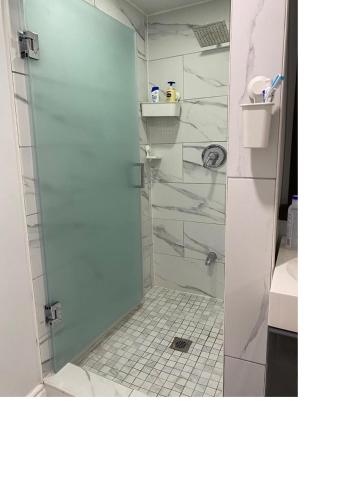a shower with a glass door in a bathroom at V-Swim Suite-1 in Toronto