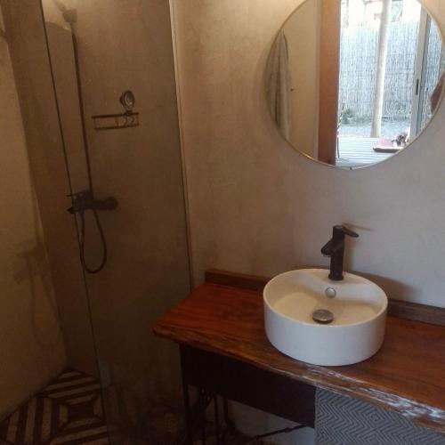 a bathroom with a sink and a mirror at La Pausa Container House in Manantiales