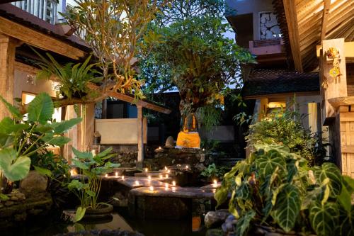 Un jardín con muchas plantas y velas. en Uma Shanty Homestay, en Karangasem