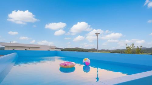 泰安Taean Blueisland Pool villa的游泳池里有一个甜甜圈和一个球