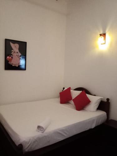 a bedroom with a white bed with red pillows at Gin River View Point in Gintota