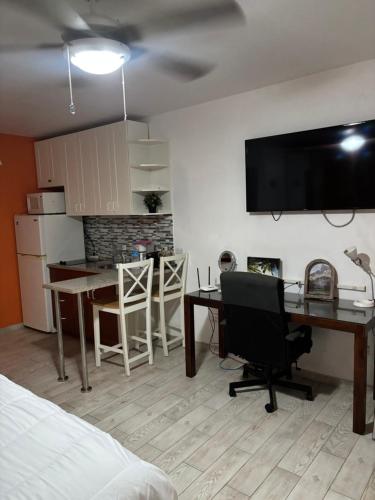 una habitación con una cama, un escritorio y un televisor en Bregita Serenity Studio, en Little Bay