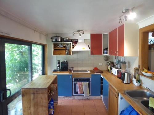 a kitchen with blue and red cabinets and a sink at Dragon's den main house in Takaka