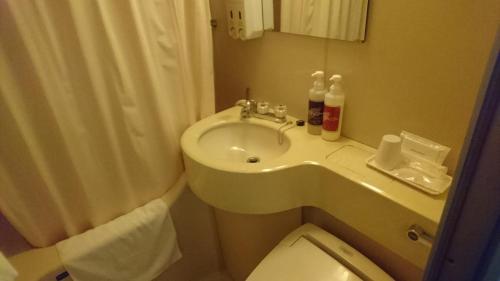 a bathroom with a sink and a toilet and a shower at Hotel Himeji Hills in Himeji