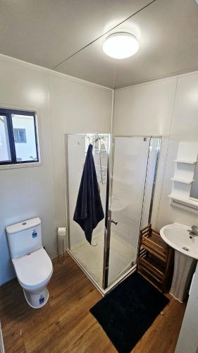 a bathroom with a shower and a toilet and a sink at The Hidden Gem of Landsborough in Landsborough