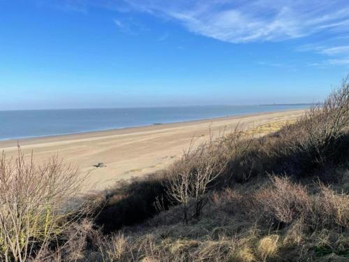 a view of a beach with the ocean in the background at Luxury apartment in Renesse with infrared sauna in Renesse