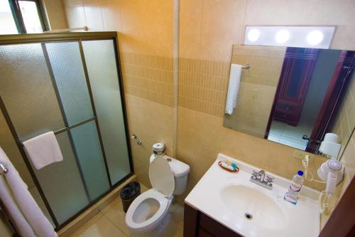 a bathroom with a toilet and a sink and a shower at Gran Hotel Azuero in Chitré